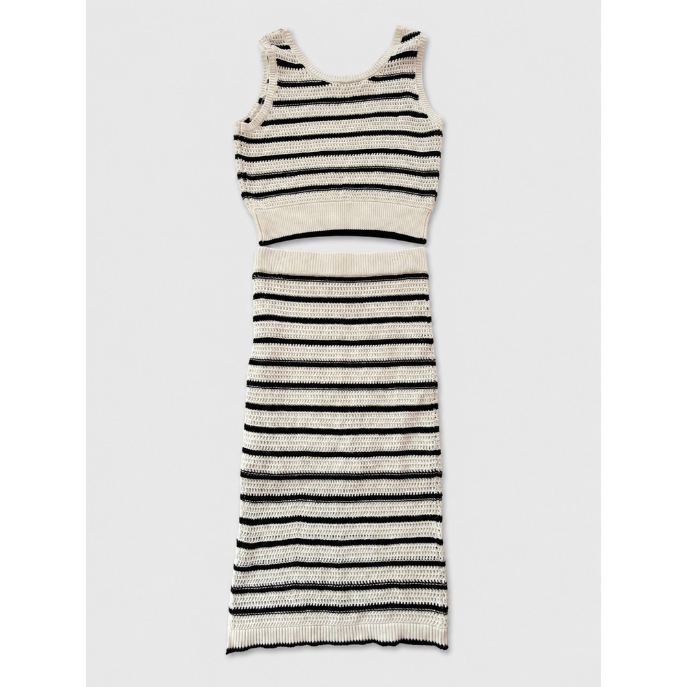 Skies Are Blue Striped Knit 2 Piece Set Crop Tank Midi Skirt White Black S NWT